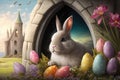 A painting of a bunny and a blue easter egg. Royalty Free Stock Photo