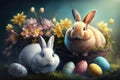 A painting of a bunny and a blue easter egg. Royalty Free Stock Photo