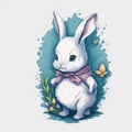 A painting of a bunny and a blue easter egg. Royalty Free Stock Photo