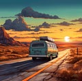 A painting of a bus that has camper on the top and sunset Royalty Free Stock Photo