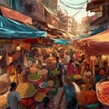 A painting of a busy street market with lots of people. AI generative image