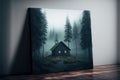 a painting of a cabin in the woods with a light on it\'s window and a path leading to it through the Royalty Free Stock Photo