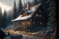 a painting of a cabin in the woods with a snow covered roof and a chimney and a porch with a fire place Royalty Free Stock Photo