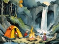 Painting of camping at a waterfall at night