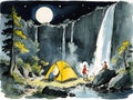 Painting of camping at a waterfall at night