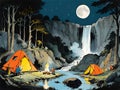 Painting of camping at a waterfall at night