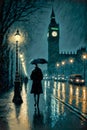 Painting canvas artwork, London at Night in the Rain with cars and lights, great detail. wall art decor Royalty Free Stock Photo