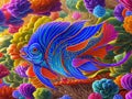 Painting captures the exquisite beauty of blue patterned fish gracefully gliding through a mesmerizing underwater world.