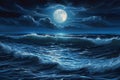 A painting capturing the breathtaking scene of a full moon shining over the ocean waves, A midnight scene of tranquil ocean waves Royalty Free Stock Photo