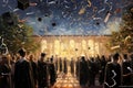 Painting capturing the celebratory moment as graduates proudly throw their caps in the air, University graduation celebration, AI Royalty Free Stock Photo