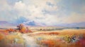 Vibrant Oil Painting Of Open Fields And Mountainous Land