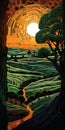 Organic Flowing Lines: A Vibrant Painting Of A Green Field Against An Orange Sky