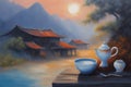 Painting capturing two cups of tea on a table on a terrace face beautiful landscape, japan ceremony Royalty Free Stock Photo