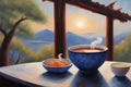 Painting capturing two cups of tea on a table on a terrace face beautiful landscape, japan ceremony Royalty Free Stock Photo