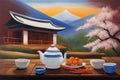 Painting capturing two cups of tea on a table on a terrace face beautiful landscape, japan ceremony Royalty Free Stock Photo