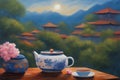 Painting capturing two cups of tea on a table on a terrace face beautiful landscape, japan ceremony Royalty Free Stock Photo