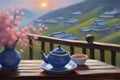 Painting capturing two cups of tea on a table on a terrace face beautiful landscape, japan ceremony Royalty Free Stock Photo