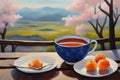 Painting capturing two cups of tea on a table on a terrace face beautiful landscape, japan ceremony Royalty Free Stock Photo