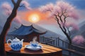 Painting capturing two cups of tea on a table on a terrace face beautiful landscape, japan ceremony Royalty Free Stock Photo