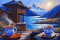 Painting capturing two cups of tea on a table on a terrace face beautiful landscape, japan ceremony Royalty Free Stock Photo