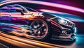 a painting of a car driving down the road with colorful lights on it\'s side and a blurry image of the front of the car. Royalty Free Stock Photo