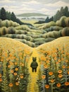 A Painting Of A Cartoon Animal Walking On A Path In A Field Of Flowers, needle felting wool Embroidery of top view cute sunflowers