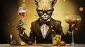 a painting of a cat dressed in a tuxedo holding a glass of wine and two glasses of wine