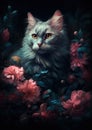 a painting of a cat sitting in a flowery field