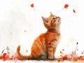 A painting of a cat sitting in the grass watching red leaves falling down Royalty Free Stock Photo