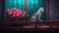 a painting of a cat sitting on a ledge next to a vase of roses Royalty Free Stock Photo