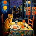 a painting of cat sitting at table with food and drinks