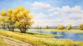 Delicate Watercolor Landscape: Meadow With Dnieper River And Yellow Trees