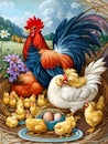 A painting of chickens and chicks in a nest, illustration of a rooster.