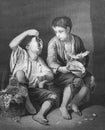 Painting of Children`s supper by Murillo in the old book Des Peintres, by C. Blanc, 1863, Paris