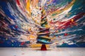 a painting of a christmas tree with paint splattered all over it