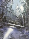 Painting Christmas winter forest covered with snow in sunlight with rays of light and fallen tree Royalty Free Stock Photo