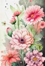 A painting of a chrysanthemum with pink flowers, green leaves, and a black background. The flower is bright and has a signature Royalty Free Stock Photo