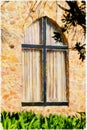 Painting of Church Window with Christian Cross as Frame Royalty Free Stock Photo