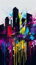 A painting of a city with colorful paint splatters. Generative AI image. Royalty Free Stock Photo