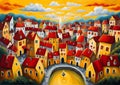 painting of a city with a fountain and clouds in the sky, dawn, transylvanian folk art, yellow and red, connectedness, maybe a