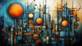 A painting of a city with lots of different shapes. Generative AI image.