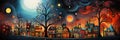 A painting of a city at night with a full moon. Digital image. Romantic surreal landscape.