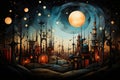 A painting of a city at night with a full moon. Digital image. Romantic surreal landscape.