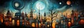 A painting of a city at night with a full moon. Digital image. Romantic surreal landscape.