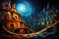 A painting of a city at night with a spiral staircase. Generative AI image.