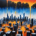 painting of city skyline with orange and blue colors and blue sky background