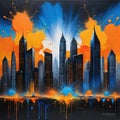 painting of city skyline with orange and blue colors and blue sky background