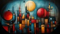 A painting of a city with a sun in the background. Royalty Free Stock Photo