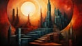 A painting of a city with a sun in the background. Royalty Free Stock Photo