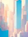 Painting of a cityscape with tall buildings. The painting is done in a vibrant color palette